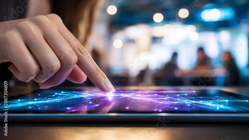 Woman finger touching digital tablet screen with glowing interface. Connection of data points and network lines. Innovation, global communication, future cloud technology and internet concept.