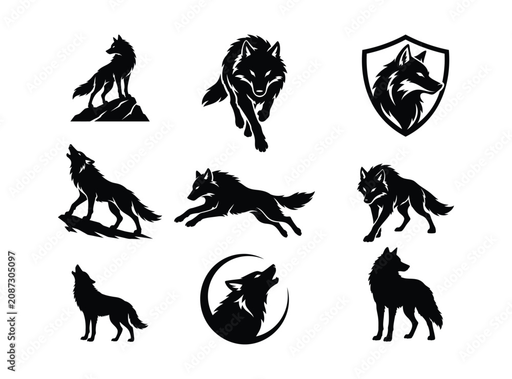 Fototapeta premium Wolf silhouettes set , wolf silhouette isolated, wolf standing and howling, howling wolf silhouette logo vector