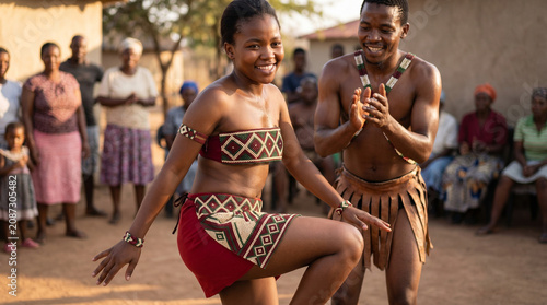 African couple dancing in traditional clothes during traditional celebration  