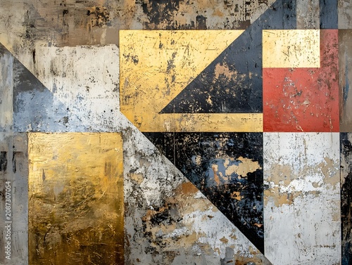 Distressed geometric abstract painting with gold triangles and red square accents.