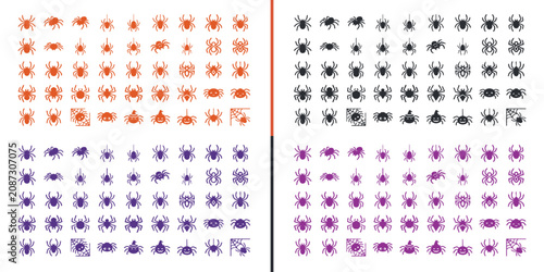 Foto Spider Icon Set: A collection of diverse spider icons in various colors and orientations, perfect for representing insects, arachnids, or graphic elements in digital design