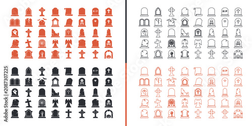 Foto Tombstone Icon Collection: A comprehensive collection of tombstone and cross icons in various styles, including flat design and outline, representing grave markers and memorial symbols