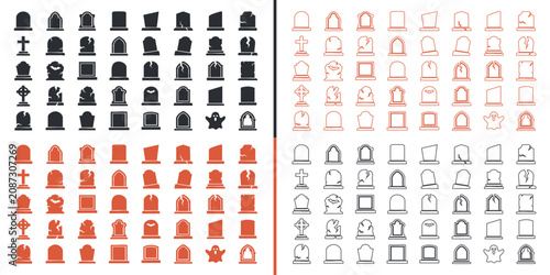 Εκτύπωση καμβά Grave and Tombstone Icon Set: A collection of stylized grave and tombstone icons in black, red, and outline versions, perfect for graphic design projects related to Halloween, memorial