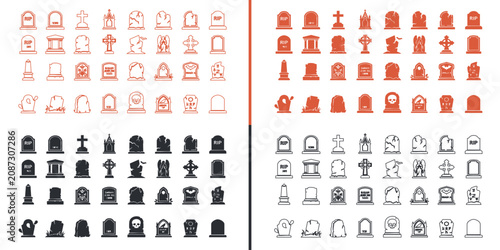 Bilde på lerret Tombstone Icon Set: A collection of minimalist graveyard and memorial marker icons presented in four distinct visual styles for design projects and funeral service graphics