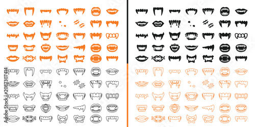 Tableau sur toile Set of Vampire Fangs: A graphic collection of various vampire fang designs in black, white, and orange, illustrating different styles of monstrous teeth for a spooky theme