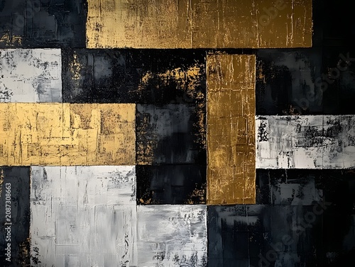 Textured abstract background with gold, black, and white rectangular patterns.