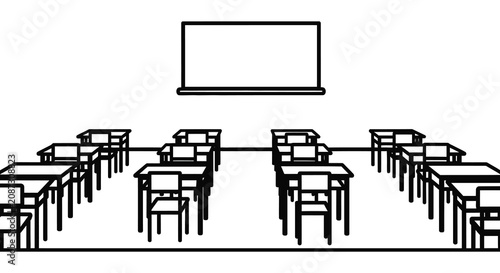 Classroom Scene With Desks And Chalkboard Black Line Art On White Background