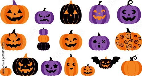 Tableau sur toile Halloween pumpkins and gourds with various faces and designs
