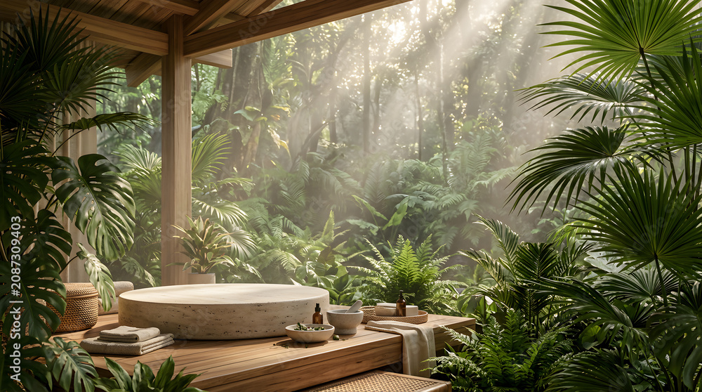 Fototapeta premium Luxury Tropical Spa Sanctuary Background with Stone Podium and Botanical Greenery for Wellness Product Presentation