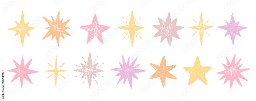 Fototapeta premium Pencil star, hand drawn crayon brush marker doodle pattern. Pastel texture. Color background, star figure. Vector chalk kid sketch shape. Sparkle icon sticker. Crayon pastel kindergarten scribble bg