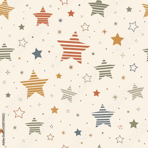 Seamless hand drawn star pattern featuring striped, solid, outline stars with tiny sparkles.  Scandinavian style.  in trendy earthy tones including terracotta, sage green. for nursery wallpaper, baby 
