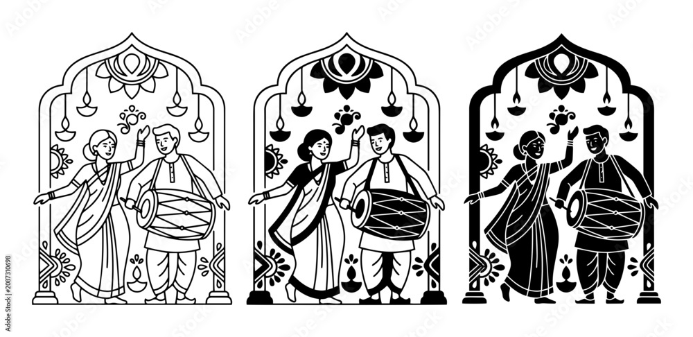 Fototapeta premium Indian Couple Dancing, Traditional Music, Festive Celebration Vector Art