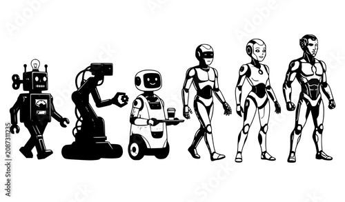 Photography Cartoon Robot Evolution from Droid to AI Cyborg Vector Illustration Set