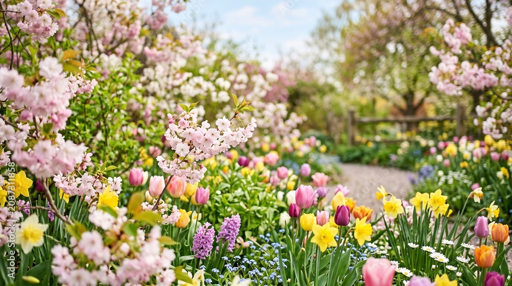Obraz premium Vibrant spring garden with colorful tulips daffodils and blossoming trees