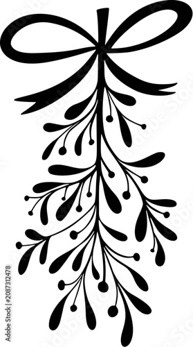 Hanging Mistletoe with Ribbon Bow Christmas Holiday Illustration