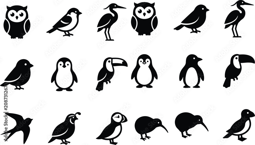Fototapeta premium Collection of various bird species silhouettes for nature and wildlife design projects