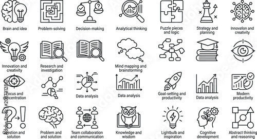 Photos Critical thinking and problem solving line icons set for business logic brainsto