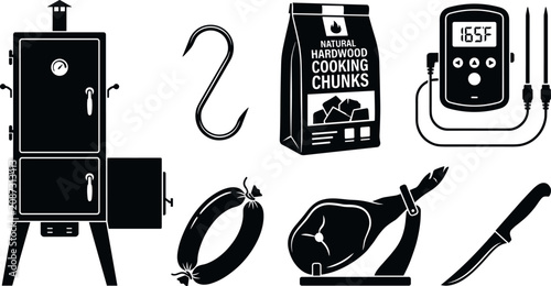 Foto Barbecue Meat Smoker and Charcuterie Equipment Black Silhouette Icon Set with Wo