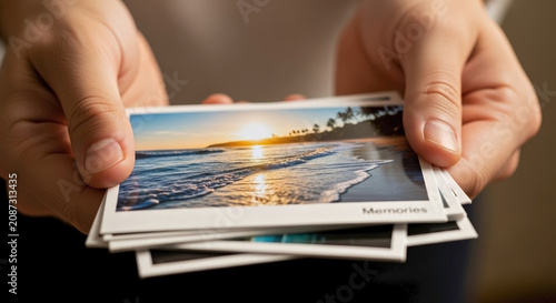 Close up of hands holding a stack of printed photographs. Person looking at travel vacation pictures with memories text. Nostalgia and remembering concept