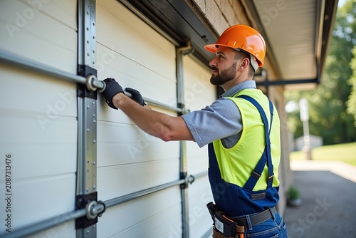 Contractor Man Demonstrates Garage Door Installation and Repair: Exploring Automation and Maintenance Processes