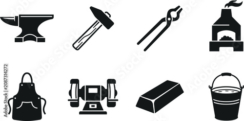 Obraz na plátně Blacksmithing and Metal Forge Tools Black Silhouette Icon Set with Anvil, Hammer