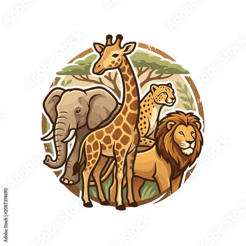 Photography Wild animals, including a giraffe, elephant, and lion, gathered under trees in savannah