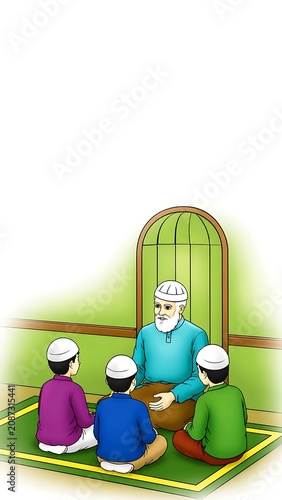 Elderly man teaching three children lessons