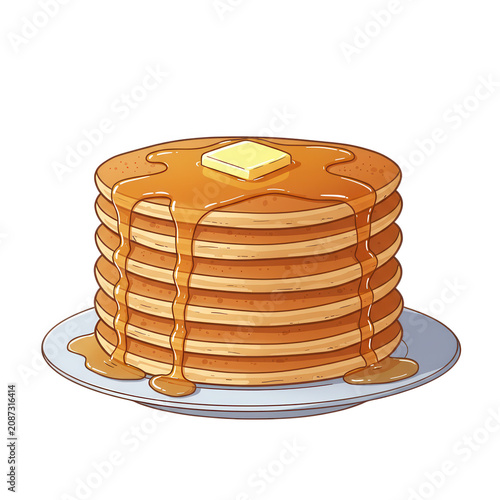 Cartoon pancakes stack with syrup and butter isolated on transparent background