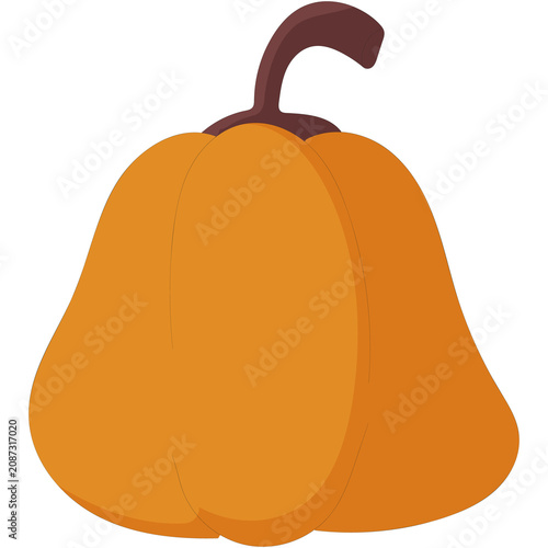 Flat colored illustration of an orange pumpkin with a curved brown stem symbolizing autumn, harvest, halloween and fall season.