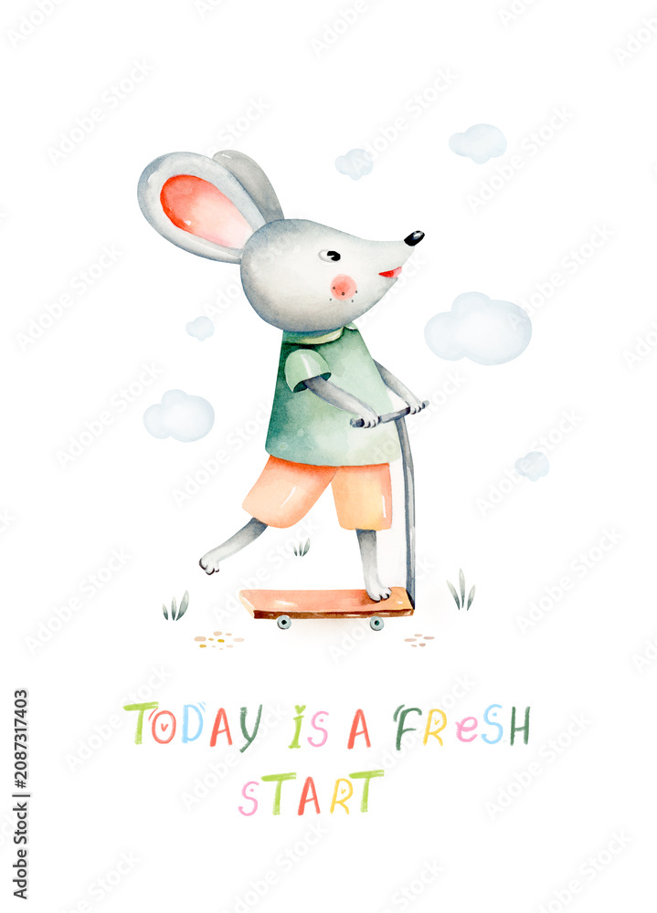 Obraz premium Watercolor hand-drawn whimsical illustration of mouse riding scooter with affirmation. Ready for print poster for nursery