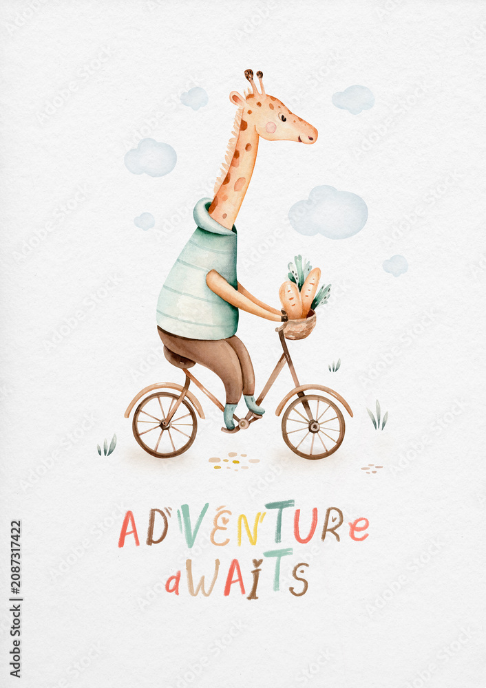Obraz premium Watercolor hand-drawn whimsical illustration of giraffe riding bike with affirmation adventure awaits. Ready for print poster for nursery