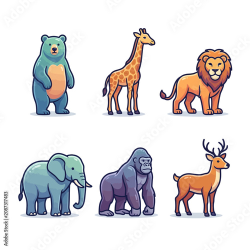 Photography A colorful illustration of various wild animals standing together in a natural setting