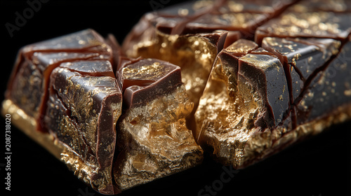 Close-up of Chocolate Bar with Caramel and Gold Fillings on Black Background