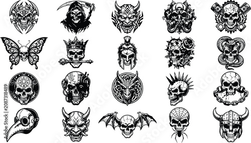 Cuadro en lienzo A collection of large aggressive tribal and gothic skull vector graphics