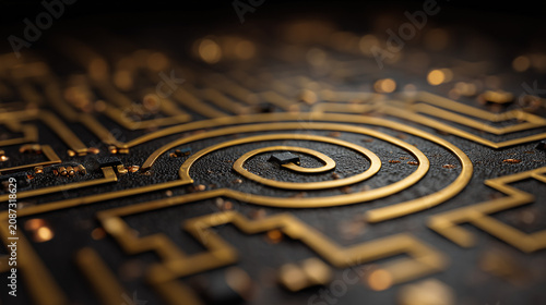 Close-up of intricately designed maze with golden accents and a spiral pattern on a dark background