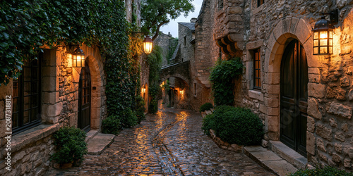 Narrow Cobblestone Lane with Stone Buildings and Wall Lanterns at Dusk