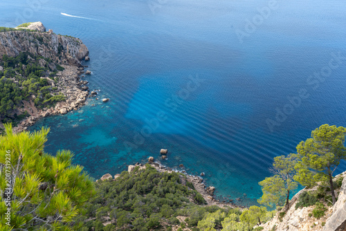 Aerial view of turquoise bay and rocky coastline in the Mediterranean Sea