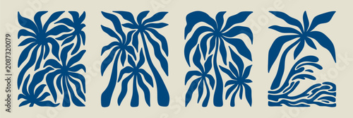 Tableau sur toile Set of irregular organic shape wavy coconut palm tree silhouette hand drawn poster set