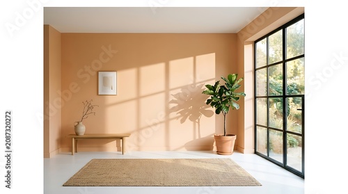 Cozy living room interior with beige rug and potted plant