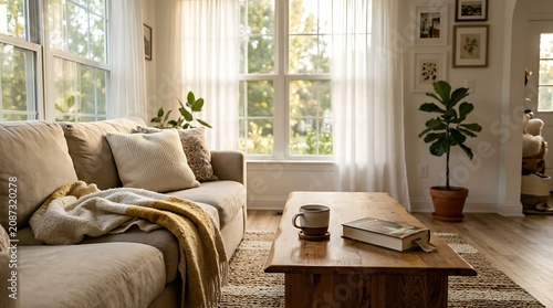 Cozy living room interior with sofa and coffee table