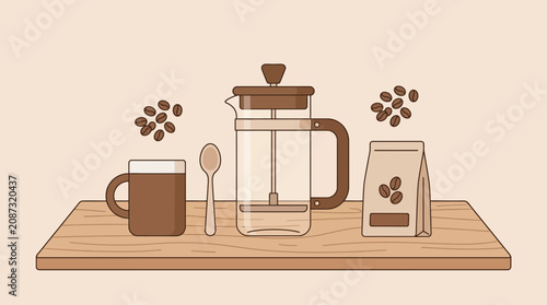 Bild auf Leinwand Flat vector illustration of coffee brewing set with French press and beans