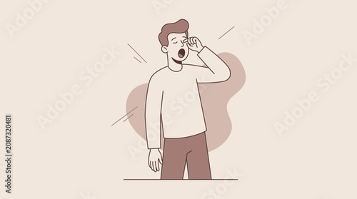 Bild auf Leinwand Tired Man Yawning and Rubbing Eyes Flat Vector Illustration