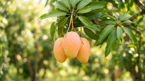 Mangoes hanging from tree branch with green leaves