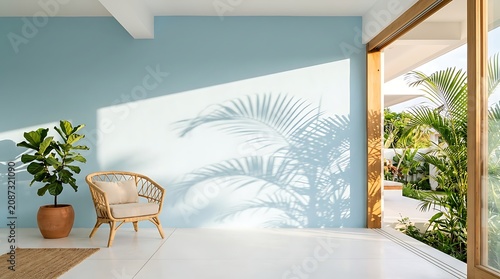 Modern Minimalist Interior with Palm Leaf Shadow and Wicker Chair in Bright Sunlit Room