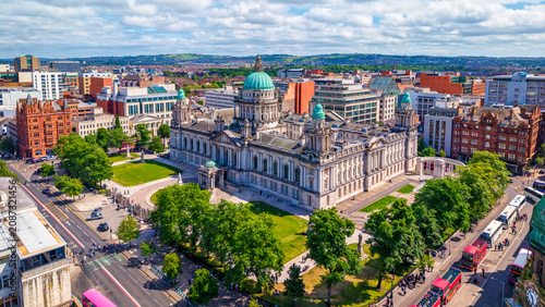 Obraz na płótnie Aerial view of city hall building in Donegall square in Belfast city Northern Ir