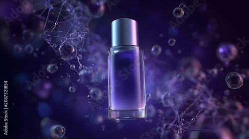 Futuristic biotechnology template showcasing translucent atoms and cell regeneration principles. Elegant cosmetic chemistry presentation banner.