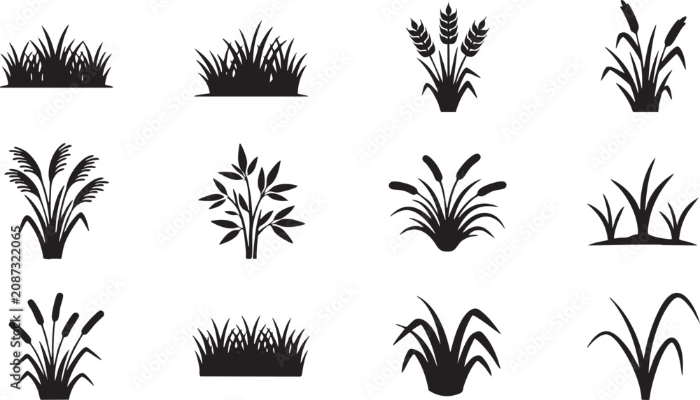 Fototapeta premium Black silhouette grass and plant icons
