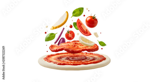 Pizza ingredients exploding dough tomato sauce fresh vegetables isolated on transparent background
