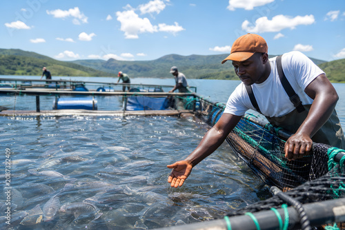 African worker feeding fish on floating aquaculture cage farm on lake, sustainable fish farming in Africa