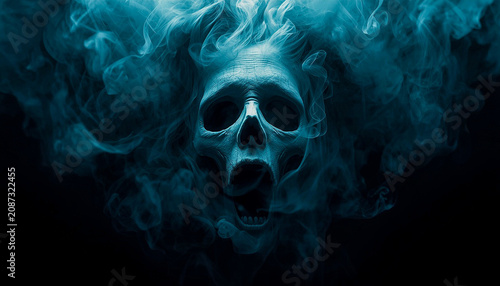 Eerie skull emerging from blue smoke, haunting ghostly face in swirling mist, dark cinematic horror aesthetic for Halloween and mystery concepts